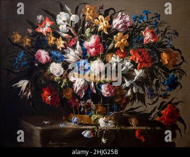 Juan de Arellano, kleiner Blumenkorb, 1671, Öl auf Leinwand, Museo de Bellas Artes, Bilbao, Spanien Stockfoto