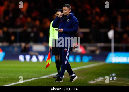 Peterborough, Großbritannien. 29th. Januar 2022; Weston Homes Stadium, Peterborough, Cambs, England; Championship Football, Peterborough United&#xa0;Versus Sheffield United; Sheffield Manager Paul Heckingbottom Credit: Action Plus Sports Images/Alamy Live News Credit: Action Plus Sports Images/Alamy Live News Stockfoto