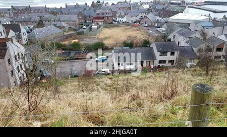 Ein Foto der regnerischen und bewölkten Landschaft in der Nähe von Stonehaven, Schottland. Stockfoto