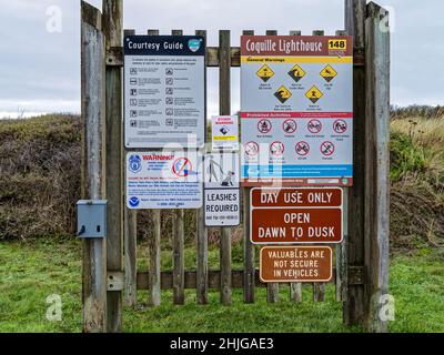 Schilder am Bullard Beach State Park in Oregon, USA Stockfoto