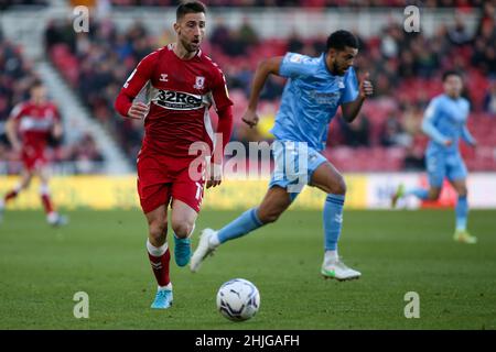 MIDDLESBROUGH, GROSSBRITANNIEN. JAN 29th Middlesbroughs Andraž Šporar während des Sky Bet Championship-Spiels zwischen Middlesbrough und Coventry City im Riverside Stadium, Middlesbrough, am Samstag, 29th. Januar 2022. (Kredit: Michael Driver | MI News ) Kredit: MI Nachrichten & Sport /Alamy Live News Stockfoto