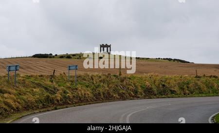 Ein Foto der regnerischen und bewölkten Landschaft in der Nähe von Stonehaven, Schottland. Stockfoto
