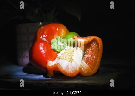Malen mit Lichtstudie über Stillleben mit einer kleinen Stiftlampe in einer dunklen Studioumgebung Stockfoto