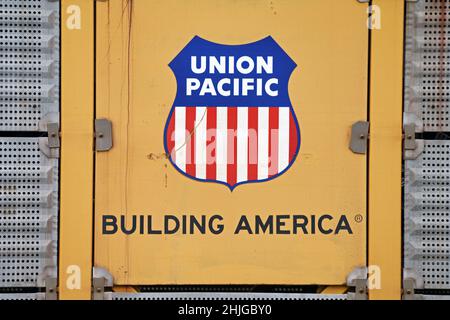 Logo der Union Pacific auf einem Transportcontainer, der auf einer BNSF-Eisenbahnlinie unterwegs ist. In Der Nähe Von Troy, Montana. (Foto von Randy Beacham) Stockfoto