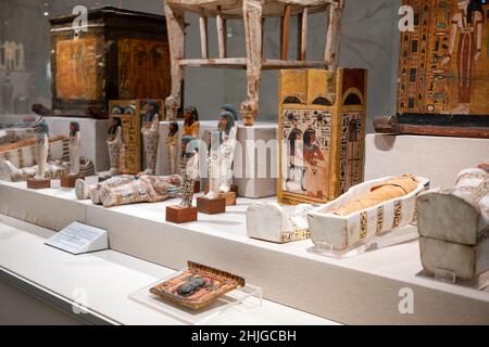 Kairo Ägypten Dezember 2021 ausgestellte Artefakte und Relikte, die mit alten ägyptischen Mumie-Begräbnissen aufgenommen wurden. Mumifizierte Organe in Behältern Stockfoto