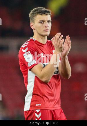 MIDDLESBROUGH, GROSSBRITANNIEN. JAN 29th Middlesbroughs Dael Fry während des Sky Bet Championship-Spiels zwischen Middlesbrough und Coventry City im Riverside Stadium, Middlesbrough, am Samstag, 29th. Januar 2022. (Kredit: Michael Driver | MI News ) Kredit: MI Nachrichten & Sport /Alamy Live News Stockfoto