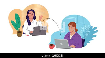 Videokonferenz. Geschäftliche Diskussion, Arbeit von zu Hause aus, soziale Distanzierung flache Cartoon-Vektor-Illustration Stock Vektor