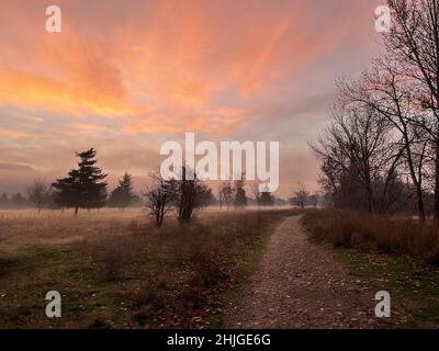 Die aufgehende Sonne erhellt den frühen Morgenhimmel in der Nähe von Boise, Idaho's Warm Springs Golf Course und dem Boise River. Stockfoto