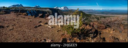 Panoramabild vom Tam McArthur Rim in Zentral-Oregon mit Broken Top, The Sisters, Mt. Washington, Three Finger Jack, Mt. Jefferson und Mt Hood in Stockfoto