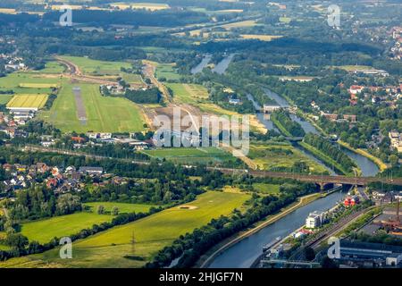 Luftaufnahme, Flugplatz Hamm-Lippewiesen, Lippeaue, Hamm-Schleuse, Lippe, Datteln-Hamm-Kanal, Baustelle für Schutzdamm bei Ju Stockfoto