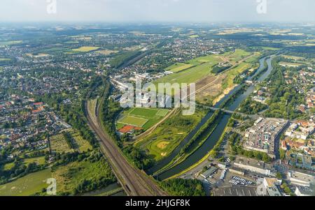 Luftaufnahme, Flugplatz Hamm-Lippewiesen, Lippeaue, Hamm-Schleuse, Lippe, Datteln-Hamm-Kanal, Baustelle für Schutzdamm bei Ju Stockfoto