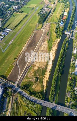 Luftaufnahme, Flugplatz Hamm-Lippewiesen, Lippeaue, Hamm-Schleuse, Lippe, Datteln-Hamm Kanal, Lippe Umbau Baustelle protektiv Stockfoto