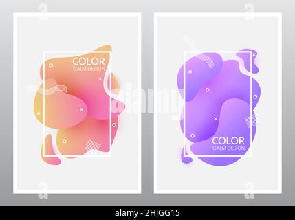 Flüssiges Posterset. Abstract 3D Formen mit Rahmen. Farbe flüssige Elemente mit weißem Rand. Trendige Spritzer zur Präsentation, Broschüre. Vektor Stock Vektor