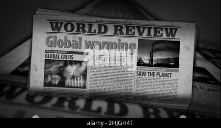 Globale Erwärmung, Klimawandel, Umweltkrise und Umweltkatastrophe. Zeitungsdruck. Abstraktes Konzept der Vintage-Presse. Retro 3D Rendering illustrat Stockfoto