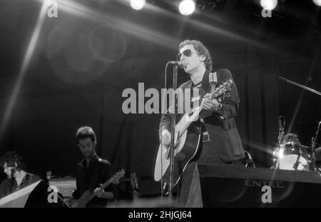 Der englische Musiker Graham Parker tritt beim Reading Festival 1977 in England auf. Stockfoto