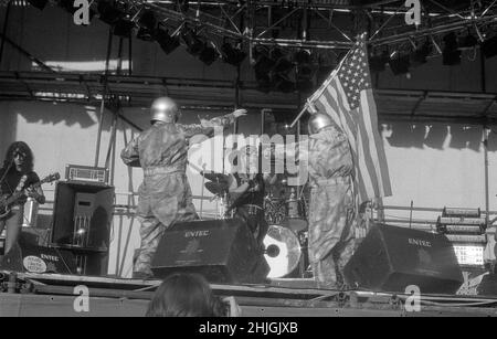 Die englische Band Hawkwind tritt beim Reading Festival 1977 in England auf. Stockfoto