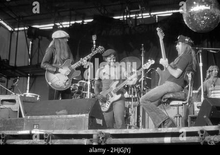 Die Doobie Brothers treten beim Reading Festival 1977 in England auf. Stockfoto