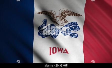 Nahaufnahme der winkenden Iowa-Flagge. Animation. Animierter Hintergrund mit im Wind winkender Flagge mit roten, weißen und blauen vertikalen Streifen und Adlerbild. Fl Stockfoto