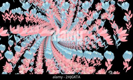 Abstrakte Blumen auf schwarzem Hintergrund. Blumen Hintergrund Animation. Blumen blühen auf der Farblinie, schwarzer Hintergrund. Stockfoto