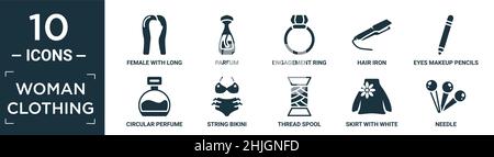 Gefüllte Frauen Kleidung Icon Set. Enthalten flache Frau mit langen Haaren, parfum, Verlobungsring, Haarbügeln, Augen Make-up Bleistifte, Runde Parfümflasche, Stock Vektor