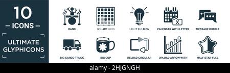 Gefülltes ultimatives Glyphicons Icon Set. Enthalten flaches Band, quadratisches Gitter, Glühbirne an, Kalender mit Buchstabe x, Nachrichtenblase, großer Laderaumwagen, großer Becher, Stock Vektor