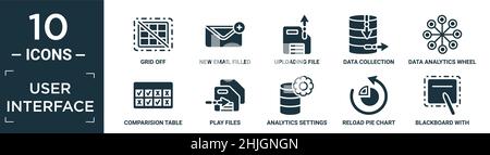 Gefüllte Benutzeroberfläche Icon Set. Enthalten flaches Raster aus, neue E-Mail gefüllt Umschlag, Hochladen von Datei, Datenerfassung, Datenanalyse Rad, Vergleich t Stock Vektor