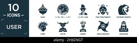 Gefüllte Benutzer-Icon-Set. Enthalten flache kasa, rund-um-Wand-Uhr, indonesisch, Gesichtsbehandlungen, Extremsport, Punk, Satyr, Bäcker, Ninja-Waffe, arabischer Mann ico Stock Vektor