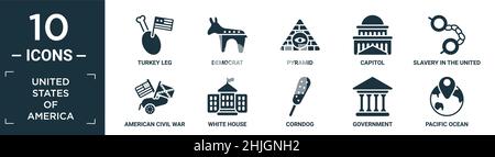 Gefüllte vereinigten Staaten von amerika Icon-Set. Enthalten flache türkei Bein, Demokrat, Pyramide, Kapitol, Sklaverei in den vereinigten Staaten, amerikanischen Bürgerkrieg, weiß Stock Vektor