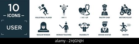 Gefüllte Benutzer-Icon-Set. Enthalten flache Volleyballspieler, Wut, Check-up, Konditor, Motorradfahrer, muslimische Frau, Frau, die lehrt, Machbarkeit, Bräutigam avat Stock Vektor