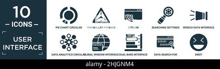 Gefüllte Benutzeroberfläche Icon Set. Enthalten flache Kreisdiagramm kreisförmige Schnittstelle, dreieckige Pyramide, Stream, Sucheinstellungen Schnittstelle, Sprachdaten inter Stock Vektor