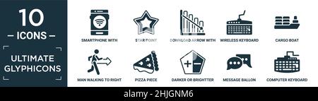 Gefüllt ultimative Glyphicons Icon Set. Enthalten flache Smartphone mit drahtloser Verbindung, Sternpunkt, Download-Pfeil mit Bar, drahtlose Tastatur, Fracht b Stock Vektor