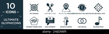 Gefülltes ultimatives Glyphicons Icon Set. Enthalten flachen Punkt gekreuzt, Messer und Löffel gekreuzt, große Karte Platzhalter, erfrischen mit Ausruf, groß und klein d Stock Vektor
