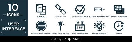 Gefüllte Benutzeroberfläche Symbol-Set. Enthalten flache leere Datei, Link-Taste, Kontrollkästchen mit einem Kontrollkästchen, Batterie mittlere Ladung, gefaltete Zeitung, gerundet Stock Vektor