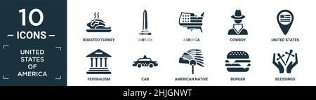 Gefülltes icon-Set der Vereinigten Staaten von amerika. Enthalten flach geröstete türkei, Obelisk, amerika, Cowboy, vereinigte Staaten, Föderalismus, Cab, amerikanischer Ureinwohner, Burg Stock Vektor