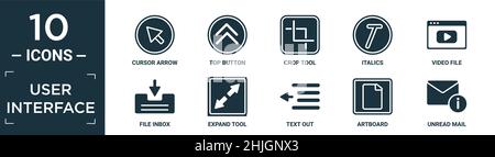 Gefüllte Benutzeroberfläche Icon Set. Enthalten flachen Cursor-Pfeil, obere Taste, Zuschneiden Werkzeug, kursiv, Videodatei, Dateieingang, Ausdehn-Werkzeug, Text aus, Zeichenfläche, un Stock Vektor