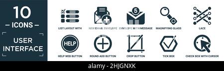 Gefüllte Benutzeroberfläche Icon-Set. Enthalten flache Liste Layout mit Kontrollkästchen, neue E-Mail-Umschlag, Umschlag mit Nachricht, Lupe Suche Taste, Stock Vektor