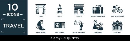 Gefülltes Reise-Icon-Set. Enthalten flache torii, paris, frankreich, sichere Aktentasche, Fahrrad mit Vorderkorb, Basismond, Busticket, Mond und Baum, Reiseroute, Stock Vektor