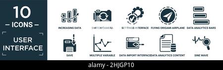 Gefüllte Benutzeroberfläche Icon-Set. Enthalten flache zunehmende Daten, Kamera wechseln, Einstellungen Schnittstelle, fliegende Origami-Flugzeug, Datenanalyse Bars, Sparen, m Stock Vektor