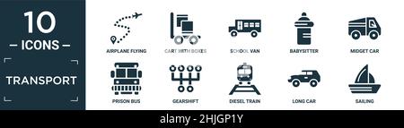 Gefülltes Transport-Icon-Set. Enthalten flache Flugzeug fliegen, Wagen mit Boxen, Schulwagen, Babysitter, Kleinwagen, Gefängnisbus, Gangschaltung, Dieselzug, LON Stock Vektor