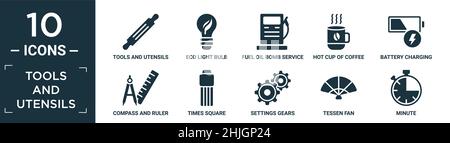 Gefüllte Werkzeuge und Utensilien Icon-Set. Enthalten flache Werkzeuge und Utensilien, Eco-Glühbirne, Heizöl Bombe Service, heiße Tasse Kaffee, Batterie aufladen, Compa Stock Vektor