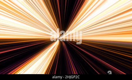 Abstrakter Schnelltunnel aus bunt leuchtenden Strahlen auf schwarzem Hintergrund, nahtlose Schleife. Motion Graphics, schneller Flug durch glühenden Raum- und Zeittunnel. Stockfoto