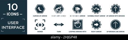 Gefüllte Benutzeroberfläche Icon Set. Enthalten flach gekrümmten Pfeil nach oben, rechts Schleife Pfeil, 3D Vorwärts Pfeil, kritzeln rechts mit gebrochener Linie, Betrachter, drehen, lo Stock Vektor