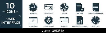 Gefüllte Benutzeroberfläche Icon-Set. Enthalten flache Konten, Web Crawler, Räder, neue Seite, Seite mit einer gewellten Ecke, Brutto-Bleistift, durchgestrichen, wählen Stock Vektor