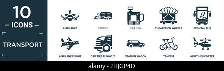 Gefülltes Transport-Icon-Set. Enthalten flache Flugzeuge, LKW, Gasbügelchen, Theater auf Rädern, Frontalbus, Flugflug, Reifenpanne im Auto, Kombi, Stock Vektor