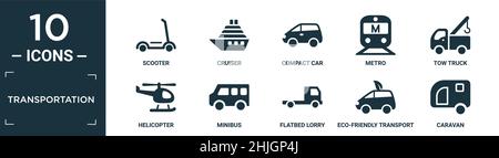 Gefüllte Transport-Symbol-Set. Enthalten flachen Roller, Cruiser, Kompaktwagen, U-Bahn, Abschleppwagen, Hubschrauber, Minibus, Tieflader, umweltfreundlicher Transpo Stock Vektor