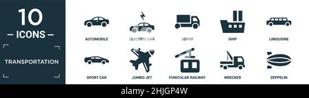 Gefüllte Transport-Symbol-Set. Enthalten flache Automobil-, Elektro-Auto, LKW, Schiff, Limousine, Sportwagen, Jumbo Jet, Standseilbahn, Wracker, Zeppe Stock Vektor