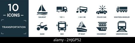 Gefülltes Transport-Icon-Set. Enthalten flaches Segelboot, LKW, zamboni, Polizeiauto, achtzehn-Wheeler, quad-, Bus-, PT-Boot-, Hausboot-, U-Bahn-Symbole Stock Vektor