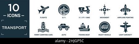 Gefüllte Transport-Symbol-Set. Enthalten flache Flüge, schlank, Roller Fahrrad, Bewegung, Flugzeug zeigt nach oben, Fähre mit Autos, Auto, Fischerboot, schwere ve Stock Vektor