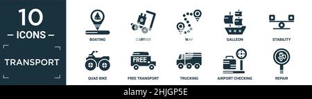 Gefülltes Transport Icon Set. Enthalten flache Bootfahren, Träger, Weg, Galeone, Stabilität, quad-Bike, kostenloser Transport, LKW, Flughafenüberprüfung, Reparatur-Symbole Stock Vektor