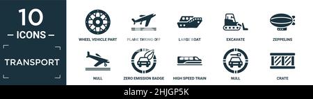 Gefülltes Transport-Icon-Set. Enthalten Flachrad-Fahrzeugteil, Flugzeug abheben, großes Boot, ausgraben, Zeppeline, Null, Null-Emission-Abzeichen, hohe Geschwindigkeit t Stock Vektor